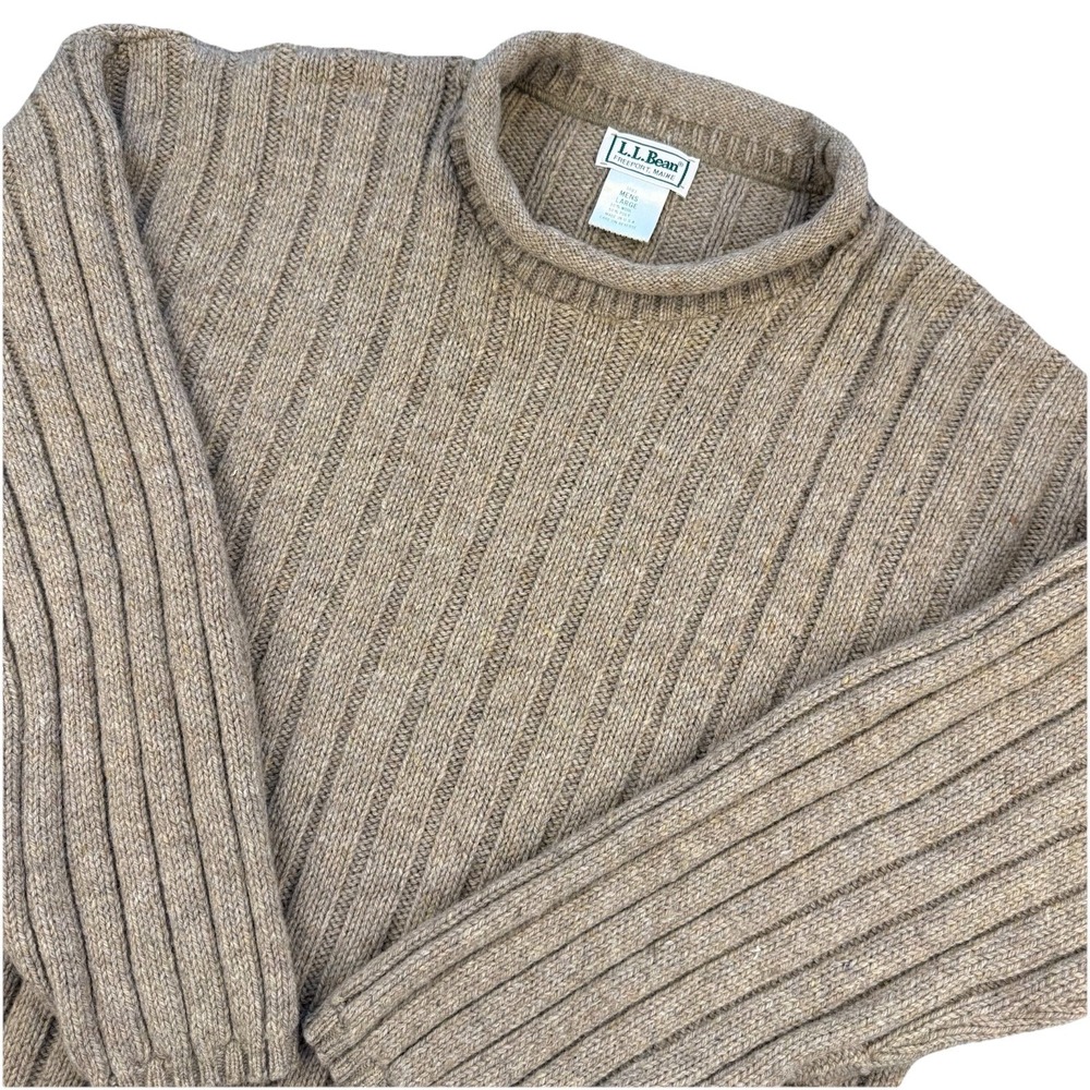 VTG L.L. Bean Wool Blend Beige Men's L Roll Collar Rib Knit Freeport Maine